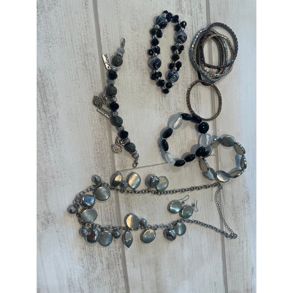 *Vintage costume, jewelry lot, bracelets, necklace, earrings, black white silver